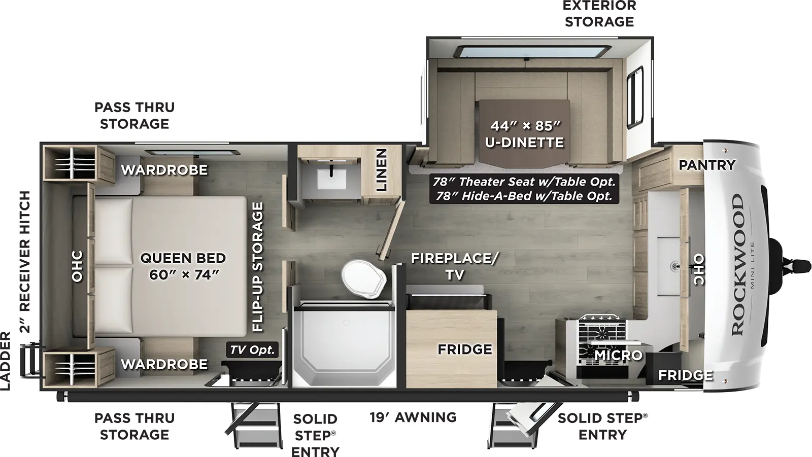 The Rockwood Mini Lite 2506FK has two entries and one slide out. Exterior features include: fiberglass exterior and 19' awning. Interiors features include: front kitchen, u-dinette, rear bedroom and pass through bathroom.